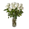 Premium long stem white roses with seasonal greenery in a tall clear