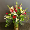 Dz red roses with white lilies and Snapdragon, mix with fragrance fillers