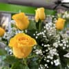 12 yellow roses in vase with baby&#039;s breath. More roses added as