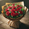 12 red roses wrapped in a bouquet including greens and filler. 