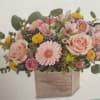 All round arrangment
Rosa&rsquo;s peach or pink , mini gerberas astromerias 
Solidago button