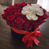 Red roses with Orhids heads in Velvet box. Gorgeous for Valentine&rsquo;s Day.