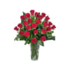 Two dozen premium roses designed with specialty foliage in a clear vase.
