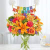 All-around arrangement with orange roses, Asiatic lilies and Peruvian lilies (alstroemeria); hot