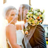 Peach, yellow and white bridal bouquet of Ecuadorian Roses, Lisianthus and Monte