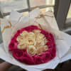White and Pink Roses Bouquet wrapped in White golden floral paper.
