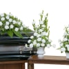 White Carnation casket spray, urn and tribute.