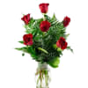 A clear glass vase with half a dozen red roses - 