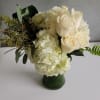 White Hydrangea, white roses uniquely designed in a 8 inch gathering vase