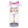 
Wine glass with a multicolored happy birthday message and a multicolored stem.