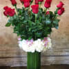  Two Dozen long stem Red Roses,  Hydrangea, in glass vase.