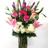 TALL VASE WITH ROSES, HYDRANGEAS, LILIES, LIATRICE, CURLY WILLOW