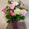 Delightful bouquet of 12 pink, purple and white roses, white and green