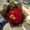 Red Roses Bouquet in Black and Gold Floral Paper with Golden Butterflies