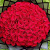 100 Red Roses wrapped in paper and tied with a bow. 