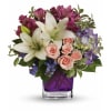 Hello, gorgeous! This lovely bouquet includes purple hydrangea, light pink spray roses