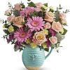 This delightful bouquet includes peach roses, pink spray roses, pink gerberas, yellow