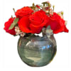 6 bright orange roses with eucalyptus and wax flower, in a short