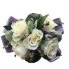 White Spray roses, greenery and filler with Grey ribbon on pearl wristband.