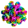A dozen bright, colorful and fun tie dye roses with greens and