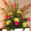 Pink roses &amp; larkspur, with green fuji mums.