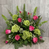 Pink roses &amp; larkspur, with green fuji mums.