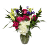 Bright pink roses and stargazer lilies come together with purple lisianthus and