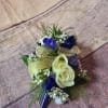 White Spray Roses, Dark Blue Delphinum, White Wax Flower with Ribbon to