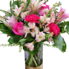 Gold dipped vase filled with an array of pink colored flowers.
Roses, carnations
