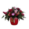 Crimson Bloom Delight is an exquisite arrangement featuring a striking red container