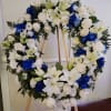 Large blue and white sympathy wreath. Perfect for a male&#039;s services. It