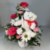 An adorable basket filled with Carnations and Daisies and 7&quot;mini White Stuffed