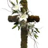 A modern design of 32&quot; Moss covered cross with a White Casablanca