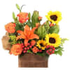 This cheerful bouquet radiates joy! Featuring lovely orange roses, sunflowers, orange lilies