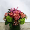 Low leaf-lined  arrangement with roses and mini green hydrangea 