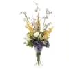 This modern glass vase arrangement features purple Hydrangea, Lisianthus, Delphenium and other