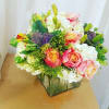 An energizing medley of bright roses and tulips matched with puffs of