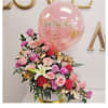 Day Beautiful Flower Arrangement With Roses, Lilies Carnations And A Personalized Balloon
