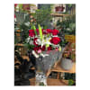 Bouquet with 12 red roses, explorer, with 2 lilies with green foliage