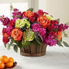 Orange Roses, Magenta Stock and Green Hydrangea arranged in a split wood
