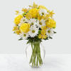 A beautiful sunny arrangement of yellow roses and white daisies