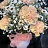 pale pink carnations perfectly arranged along with white daisies and baby&rsquo;s breath.