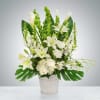 An all-white funeral basket featuring calla lilies, roses, dendrobium orchids, and more