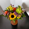 Vibrant blooms in orange, yellow, green and pink.  Perfect for sending