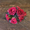 Wrist Corsage Featuring Red Spray Roses, Black Sparkle Ribbon, Red Rhinestones And