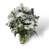 A clear glasses filled of white flowers, including roses, daisies, Astro Miriam
