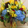 A different take on fall, blue hydrangea, sunflowers and a beautiful fall