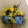 A different take on fall, blue hydrangea, sunflowers and a beautiful fall