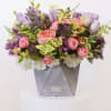 Arrangement comes with the following flowers; hydrangea, lilac, tulips, spray roses, with