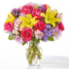 Vase Arrangement Of Lily&#039;s, Roses, Daisy Poms, Alstromeria, Monte Casino, And Lush